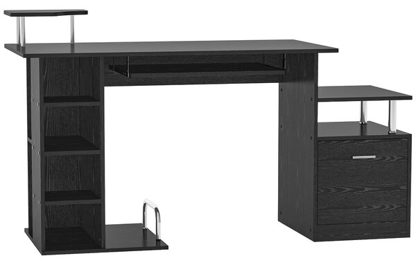 HOMCOM Psací stůl s 6 policemi, zásuvkou, zásuvkou na klávesnici a stojanem na monitor a tiskárnu pro kancelář a studium - 152x60x88 cm, černý | Aosom