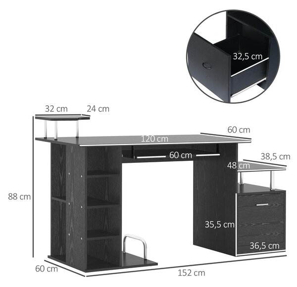 HOMCOM Psací stůl s 6 policemi, zásuvkou, zásuvkou na klávesnici a stojanem na monitor a tiskárnu pro kancelář a studium - 152x60x88 cm, černý | Aosom