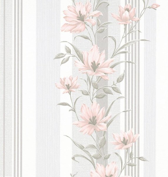 Vliesové tapety na zeď Finesse 10228-05, rozměr 10,05 m x 0,53 m, květy růžové s šedými pruhy, Erismann