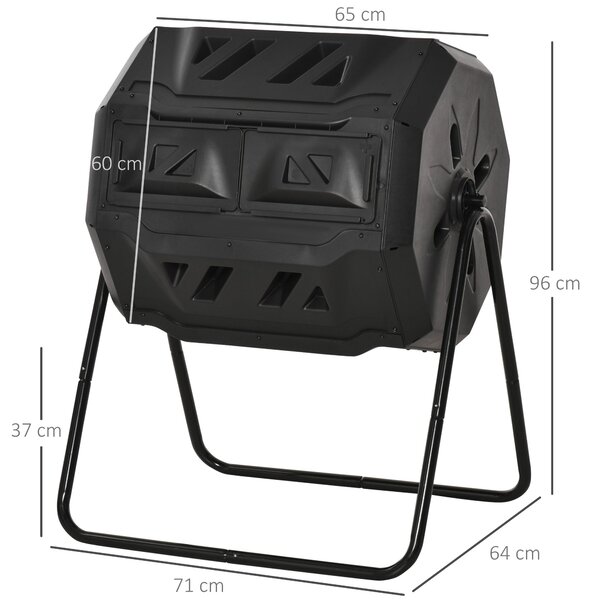 Outsunny 160L Dvoukamerový zahradní rotační kompostér s ventilačními otvory a ocelovými nohami 71x65x96 cm Černý | Aosom