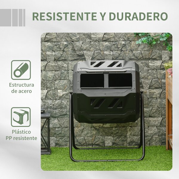 Outsunny 160L Dvoukamerový zahradní rotační kompostér s ventilačními otvory a ocelovými nohami 71x65x96 cm Černý | Aosom