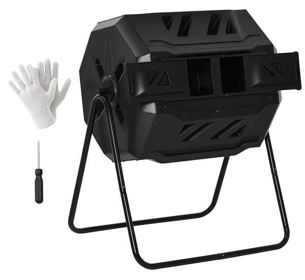 Outsunny 160L Dvoukamerový zahradní rotační kompostér s ventilačními otvory a ocelovými nohami 71x65x96 cm Černý | Aosom