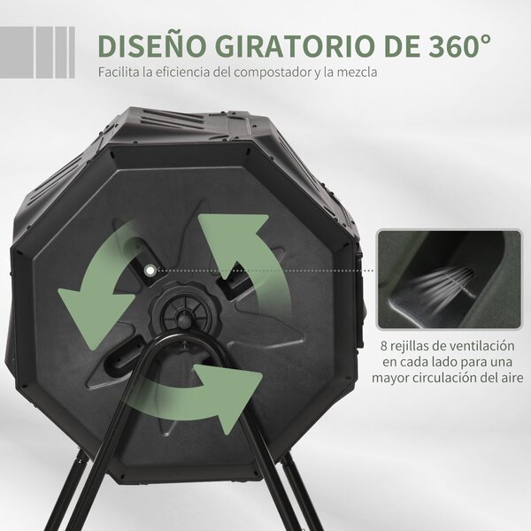 Outsunny 160L Dvoukamerový zahradní rotační kompostér s ventilačními otvory a ocelovými nohami 71x65x96 cm Černý | Aosom
