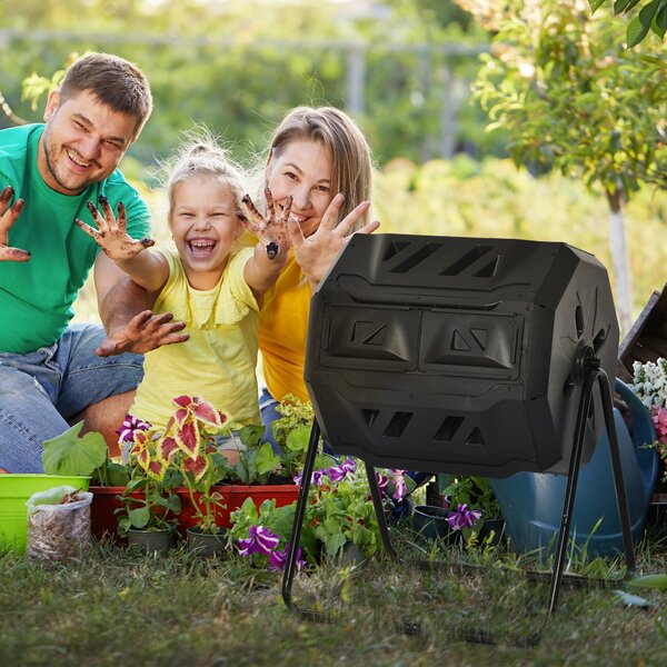 Outsunny 160L Dvoukamerový zahradní rotační kompostér s ventilačními otvory a ocelovými nohami 71x65x96 cm Černý | Aosom