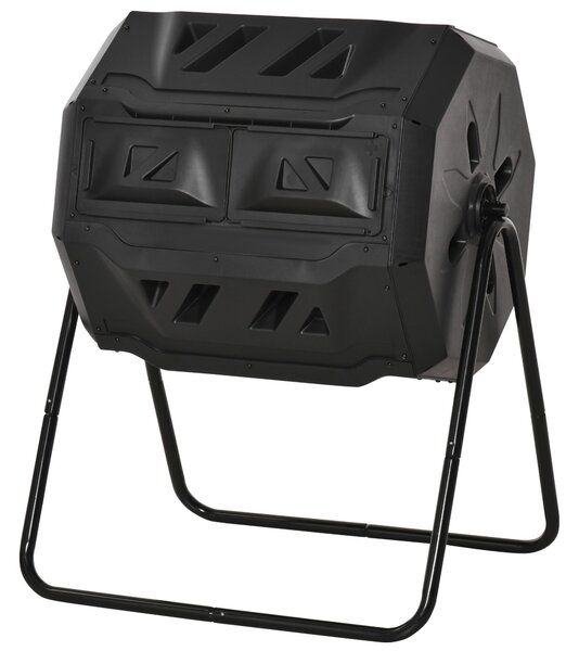 Outsunny 160L Dvoukamerový zahradní rotační kompostér s ventilačními otvory a ocelovými nohami 71x65x96 cm Černý | Aosom