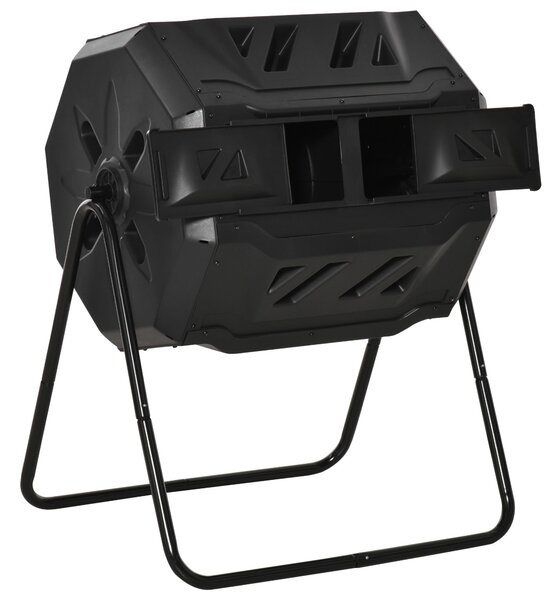 Outsunny 160L Dvoukamerový zahradní rotační kompostér s ventilačními otvory a ocelovými nohami 71x65x96 cm Černý | Aosom