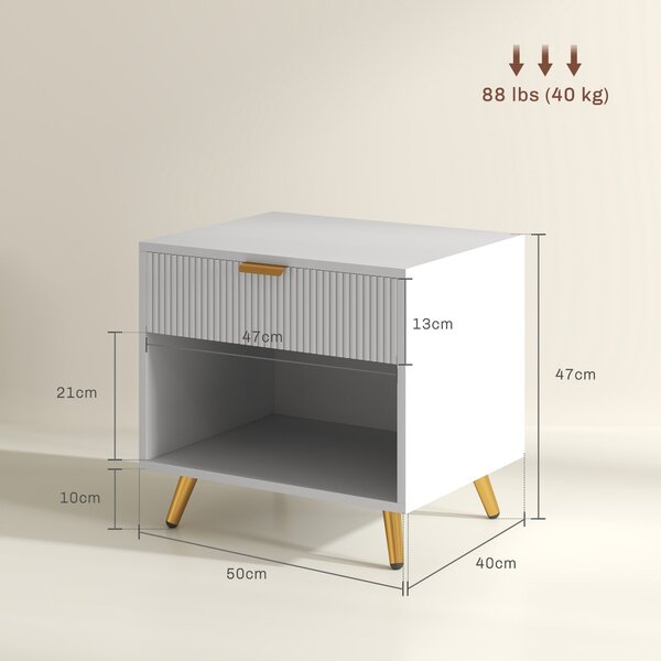 HOMCOM Moderní noční stolek s drážkovaným šuplíkem a otevřenou přihrádkou pro ložnici a obývací pokoj 50x40x47 cm Bílý | Aosom