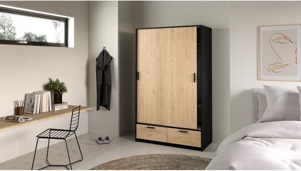 Šatní skříň v dekoru dubu s posuvnými dveřmi v černo-přírodní barvě 121x200 cm Line – Tvilum