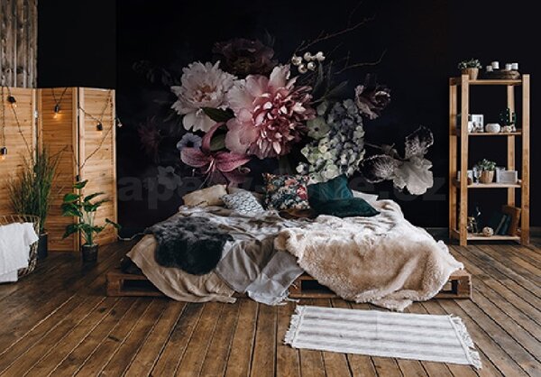 Vliesové fototapety 14066 V8, rozměr 368 cm x 254 cm, květinová koláž na černém podkladu, IMPOL TRADE