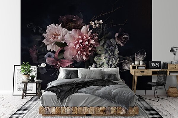 Vliesové fototapety 14066 V8, rozměr 368 cm x 254 cm, květinová koláž na černém podkladu, IMPOL TRADE