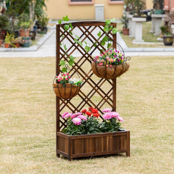 Outsunny Dřevěný Květináč s Trellis a Rámem pro Popínavé Rostliny na Terase nebo Balkonu 60x30x122,5 cm Hnědá | Aosom
