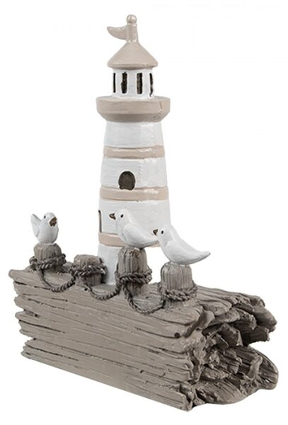 Dekorace bílý majáček se třemi racky na vyplaveném dřevě – 10x4x12 cm