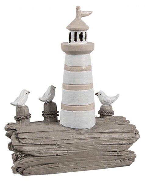 Dekorace bílý majáček se třemi racky na vyplaveném dřevě – 10x4x12 cm