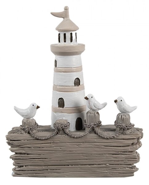 Dekorace bílý majáček se třemi racky na vyplaveném dřevě – 10x4x12 cm
