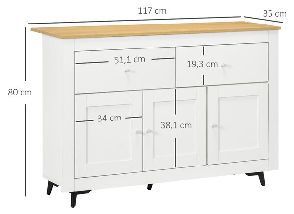 HOMCOM Kuchyňský bufet - Pomocný nábytek do kuchyně a TV stolek se 2 šuplíky, 3 dveřmi a nastavitelnou policí pro jídelnu a obývací pokoj 117x35x80 cm