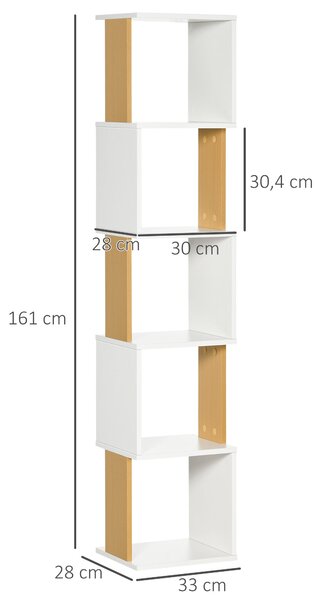 HOMCOM S-Shaped Knihařská Skříň s 5 Otevřenými Policemi pro Obývací Pokoj, Kancelář, Kancelář Anti-Tip 100kg Zatížení 33x28x161 cm Bílá | Aosom