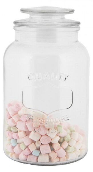 Skleněná skladovací dóza s víkem a nápisem Quality Glassware – 12x21 cm