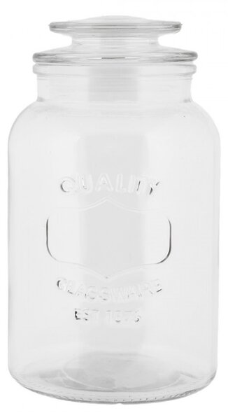 Skleněná skladovací dóza s víkem a nápisem Quality Glassware – 12x21 cm