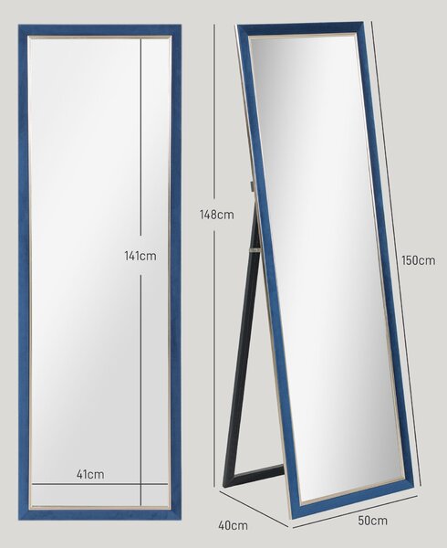 HOMCOM Zrcadlo v plné délce 150x50 cm volně stojící nebo na stěnu s sametovým rámem a stojanem pro obývací pokoj ložnici Modré | Aosom