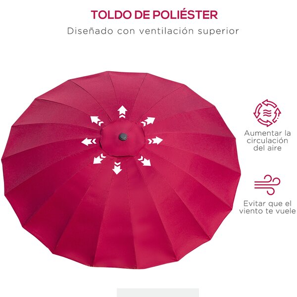 Terasa slunečník Outsunny Ø250 cm s naklápěním, 18 tyčí a kličkou, voděodolný slunečník pro terasu | Aosom