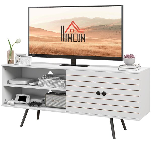 HOMCOM TV stolek do obývacího pokoje pro TV do 65 palců, moderní TV stolek se 2 otevřenými policemi a 1 nastavovací policí 145x38x65 cm Bílý | Aosom