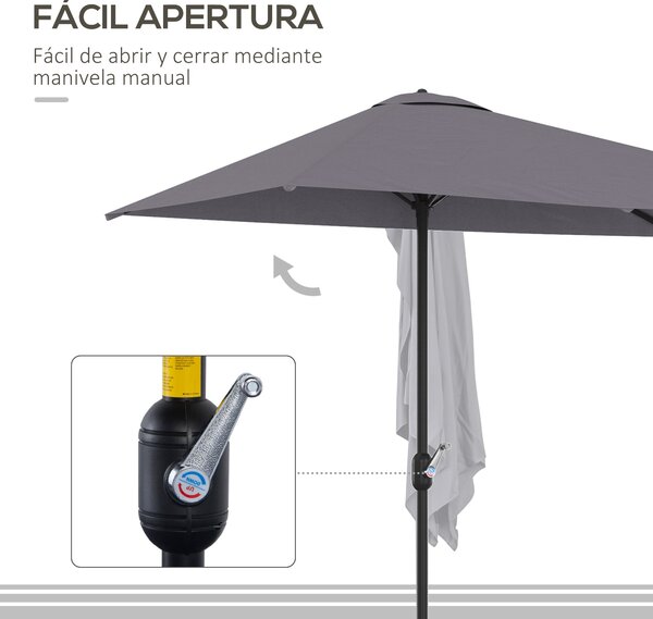 Poloviční slunečník Outsunny obdélníkový 230x130x245 cm s kličkou a UV ochranou 30+, voděodolný slunečník pro balkon, terasu a zahradu, šedý | Aosom