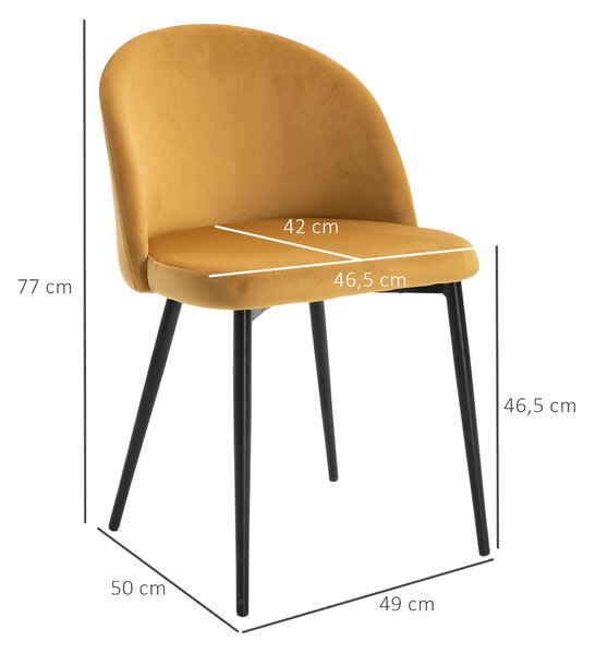 HOMCOM Sada 2 Sametových Čalouněných Jídelních Křesel s Polstrovaným Opěradlem a Kovovými Nohami, Nosnost 90 kg pro Obývací Pokoj 49x50x77 cm Camel |