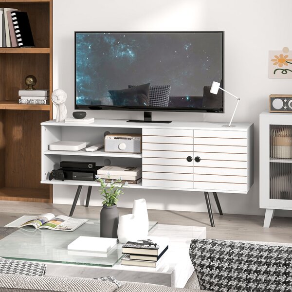 HOMCOM TV stolek do obývacího pokoje pro TV do 65 palců, moderní TV stolek se 2 otevřenými policemi a 1 nastavovací policí 145x38x65 cm Bílý | Aosom