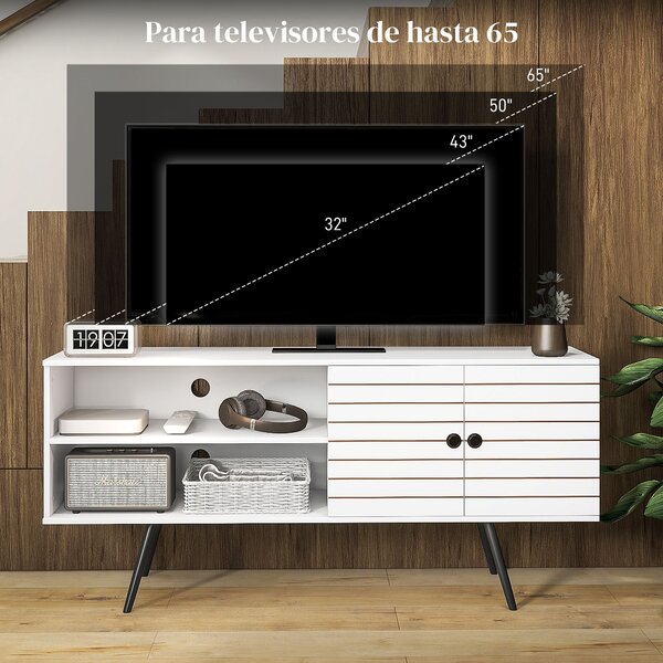 HOMCOM TV stolek do obývacího pokoje pro TV do 65 palců, moderní TV stolek se 2 otevřenými policemi a 1 nastavovací policí 145x38x65 cm Bílý | Aosom