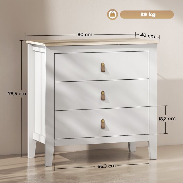 HOMCOM Komoda se 3 zásuvkami pro ložnici s PU úchyty, 80x40x78,5 cm, bílá | Aosom