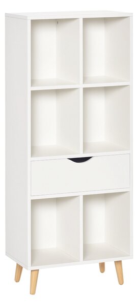 HOMCOM Knihovna s 1 Zásuvkou a Dřevěnými Nohami, 6 Otevřených Úložných Kompartmentů pro Knihy, Rostliny a Dokumenty, 50x29,5x120 cm Bílá | Aosom