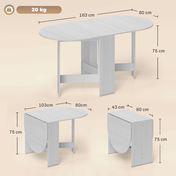 HOMCOM Skládací jídelní stůl oválný kuchyňský stůl s skládacími křídly moderní styl 163x80x75 cm Bílý | Aosom
