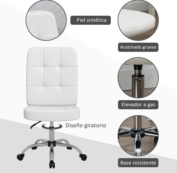 Vinsetto Otočné Kancelářské Křeslo Bez Područek, Umělá Kůže s Nastavitelnou Výškou, Moderní Styl, Nosnost 120 kg, 45x59x90-100 cm, Bílá | Aosom