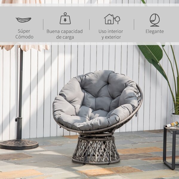 Outsunny Synthetic Rattan Otáčecí Papasan Křeslo Oválné Wicker PE Křeslo s Polštářem a Ocelovým Rámem Nosnost 160 kg pro Zahradu, Patio, Terasu 87x97x