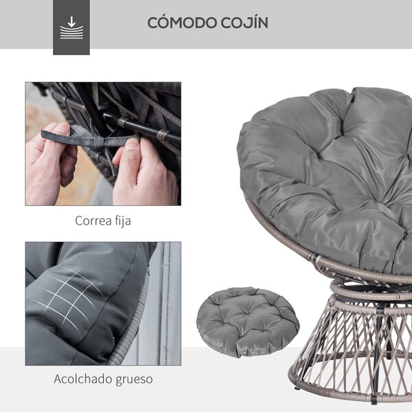 Outsunny Synthetic Rattan Otáčecí Papasan Křeslo Oválné Wicker PE Křeslo s Polštářem a Ocelovým Rámem Nosnost 160 kg pro Zahradu, Patio, Terasu 87x97x
