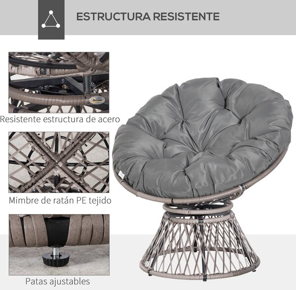 Outsunny Synthetic Rattan Otáčecí Papasan Křeslo Oválné Wicker PE Křeslo s Polštářem a Ocelovým Rámem Nosnost 160 kg pro Zahradu, Patio, Terasu 87x97x