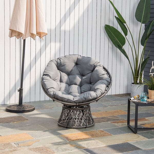 Outsunny Synthetic Rattan Otáčecí Papasan Křeslo Oválné Wicker PE Křeslo s Polštářem a Ocelovým Rámem Nosnost 160 kg pro Zahradu, Patio, Terasu 87x97x