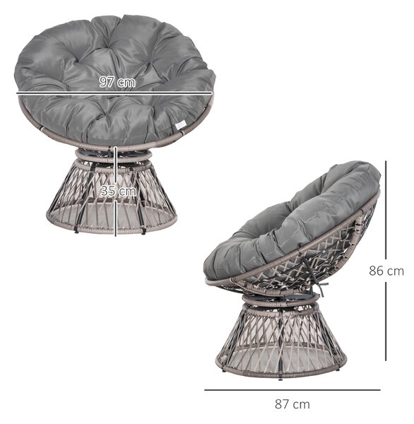 Outsunny Synthetic Rattan Otáčecí Papasan Křeslo Oválné Wicker PE Křeslo s Polštářem a Ocelovým Rámem Nosnost 160 kg pro Zahradu, Patio, Terasu 87x97x