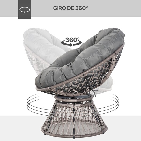 Outsunny Synthetic Rattan Otáčecí Papasan Křeslo Oválné Wicker PE Křeslo s Polštářem a Ocelovým Rámem Nosnost 160 kg pro Zahradu, Patio, Terasu 87x97x