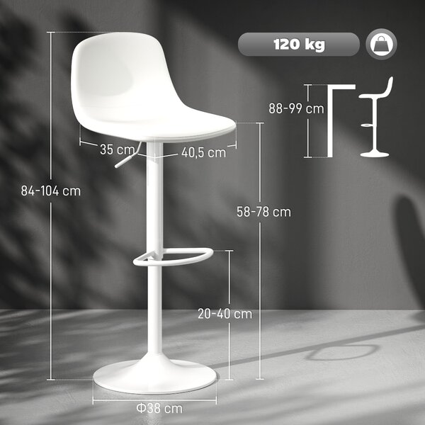 HOMCOM Sada 2 Barových Židlí Vysoké Kuchyňské Židle Nastavitelná Výška 84-104 cm s Opěrkou a Podnožkou Čalouněné v PU 360° Otočné pro Kuchyňský Pult B
