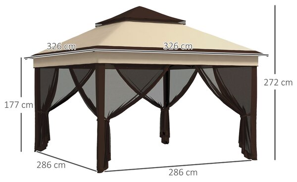 Skládací altán Outsunny 3x3x2,7m s nastavitelnou výškou dvojité střechy, moskytiérou, UV30+ ochranou, voděodolný a s nosičem - ideální pro zahradní pá