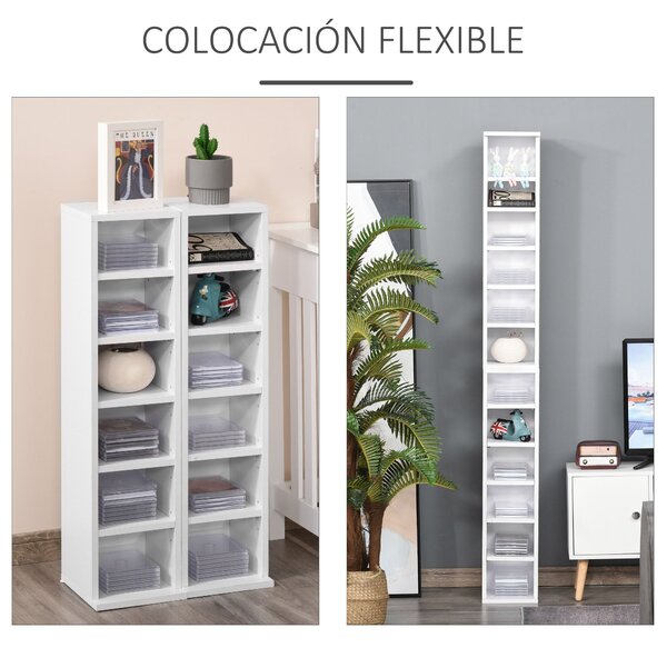 HOMCOM Stojany na CD nebo DVD s 12 přihrádkami pro 204 CD a nastavitelnými policemi do obývacího pokoje, ložnice či kanceláře 21x22,5x88,5 cm Bílá | A