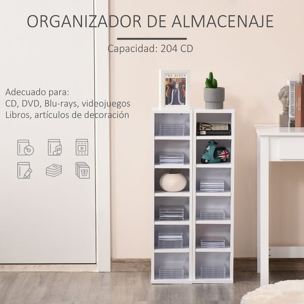 HOMCOM Stojany na CD nebo DVD s 12 přihrádkami pro 204 CD a nastavitelnými policemi do obývacího pokoje, ložnice či kanceláře 21x22,5x88,5 cm Bílá | A