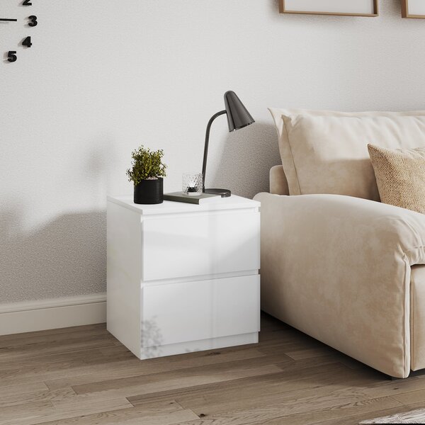 HOMCOM Moderní noční stolek s 2 šuplíky, noční stolek pro ložnici a obývací pokoj 40x34x45 cm Leskle bílý | Aosom