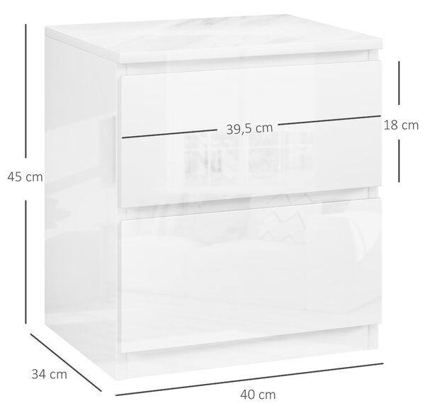 HOMCOM Moderní noční stolek s 2 šuplíky, noční stolek pro ložnici a obývací pokoj 40x34x45 cm Leskle bílý | Aosom