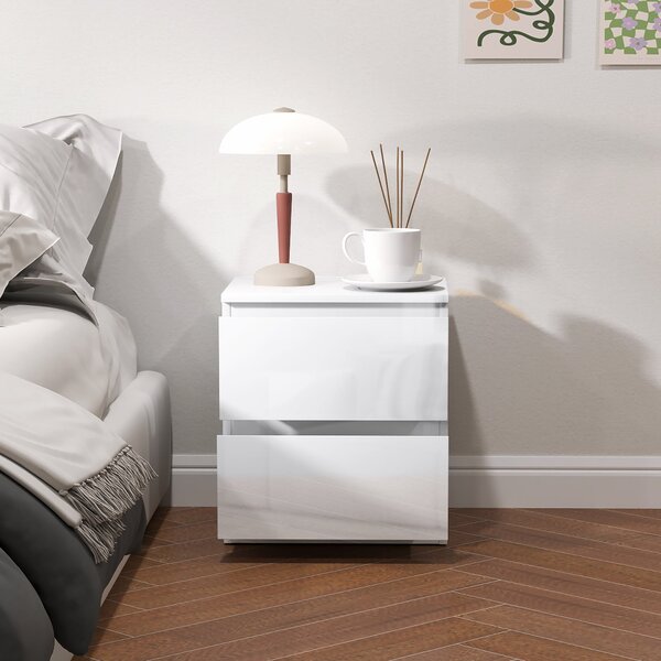 HOMCOM Moderní noční stolek s 2 šuplíky, noční stolek pro ložnici a obývací pokoj 40x34x45 cm Leskle bílý | Aosom