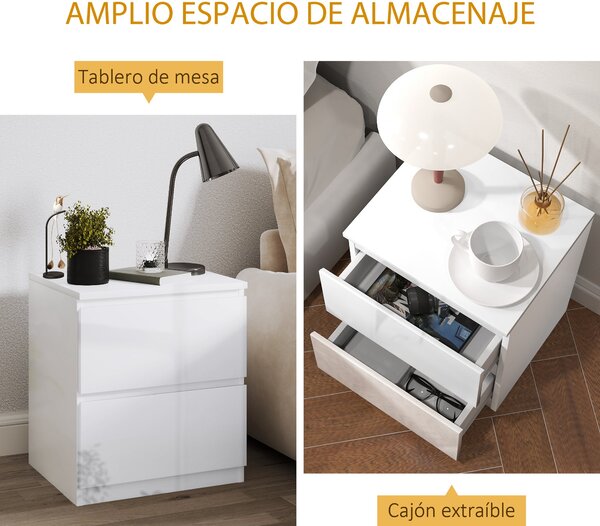 HOMCOM Moderní noční stolek s 2 šuplíky, noční stolek pro ložnici a obývací pokoj 40x34x45 cm Leskle bílý | Aosom