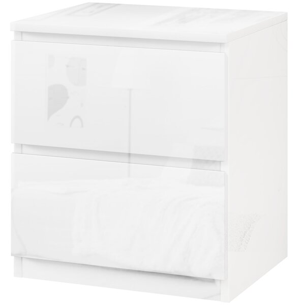 HOMCOM Moderní noční stolek s 2 šuplíky, noční stolek pro ložnici a obývací pokoj 40x34x45 cm Leskle bílý | Aosom