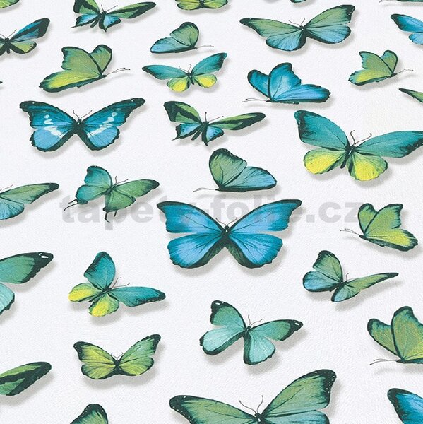 Papírové tapety na zeď Papillon 30000-18, rozměr 10,05 m x 0,53 cm, motýli modro-zelení, Erismann