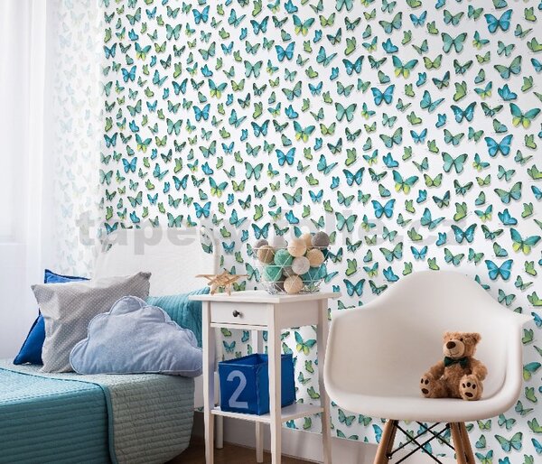 Papírové tapety na zeď Papillon 30000-18, rozměr 10,05 m x 0,53 cm, motýli modro-zelení, Erismann